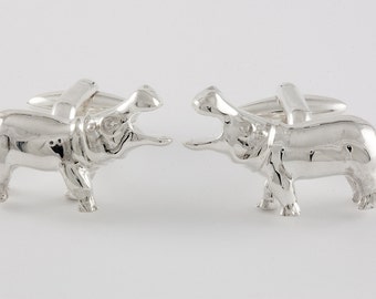 Sterling Silver Hippo Cufflinks, Handcrafted Mirrored Design, Personalized Engraving