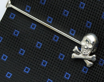 Skull and Bones Tie Bar Clip, Sterling Silver, Handcrafted