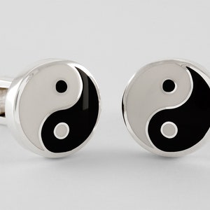 Ying Yang Cufflinks in Sterling Silver and Enamel, Sterling Silver, personalized