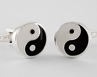 Ying Yang Cufflinks in Sterling Silver and Enamel, Sterling Silver, personalized