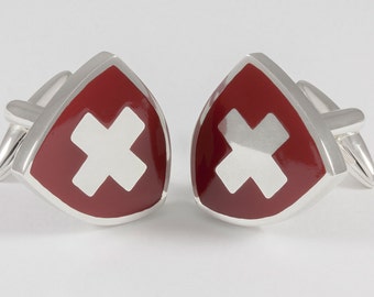 Sterling Silver Swiss Cross Cufflinks, Red Ceramic Enamel Crest, Personalized Engraving