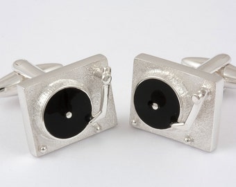 Sterling Silver Turntable Cufflinks, Black Enamel, Personalized Engraving