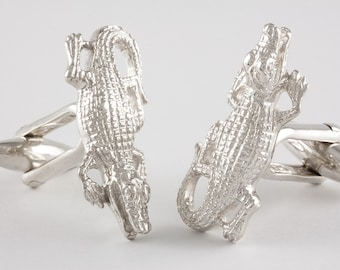 Sterling Silver Crocodile Cufflinks, Personalized Engraving