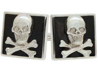 Sterling Silver Skull and Crossbones Cufflinks, Black Enamel, Personalized Engraving