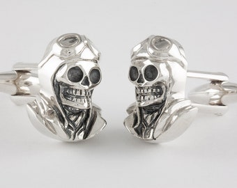 Sterling Silver 925 Retro Pilot Skull Cufflinks, Personalized Engraving
