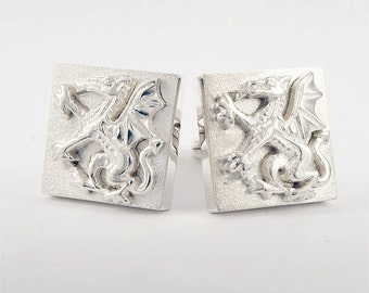 Sterling Silver Square Dragon Cufflinks, Personalized Engraved Cufflinks