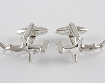 Hammerhead Shark Cufflinks, Sterling Silver, personalized