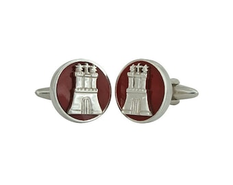 Round Red Hamburg Cufflinks, Sterling Silver, personalized