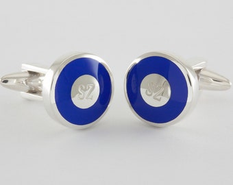 Blue Engraved Initials Cufflinks in Sterling Silver and Enamel, Sterling Silver, personalized