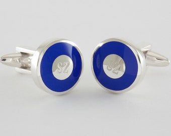 Blue Enamel Sterling Silver 925 Round Cufflinks Personalized Engraving