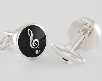 Black Treble Clef Cufflinks in Sterling Silver and Enamel, Sterling Silver, personalized