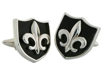 Fleur de Lis Crest on Black Enamel Cufflinks, Handmade