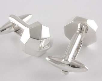 Sterling Silver Space Rock Cufflinks, Geometric Faceted, Personalized Engraving