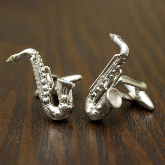 Saxofón Plateado Plata Esterlina 925 Gemelos ley saxofón Cufflinks