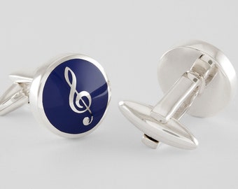 Maritime Blue, Treble Clef Cufflinks in Sterling Silver and Enamel, Sterling Silver, personalized
