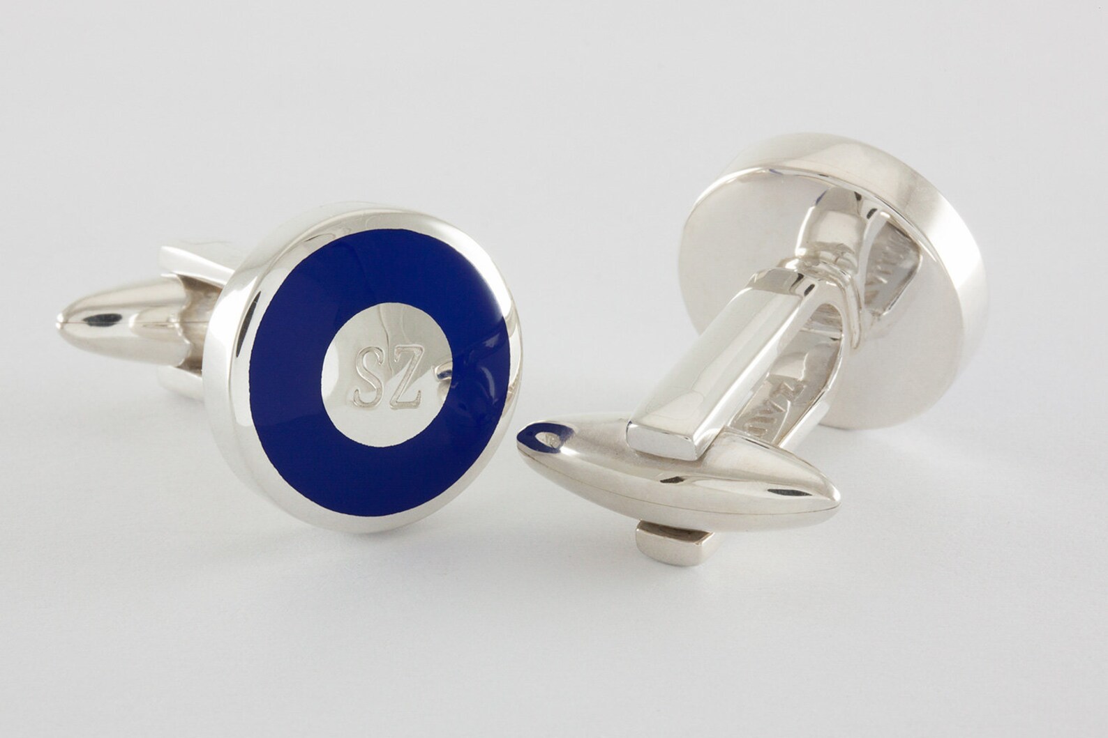 Navy Blue Engraved Initials Cufflinks in Sterling Silver and - Etsy