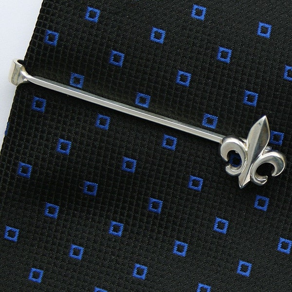 Fleur de lis Tie Bar Clip, Sterling Silver, Handcrafted