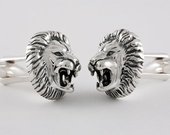 Sterling Silver Lion Cufflinks, Personalized Engraving, Handmade Antiqued Finish