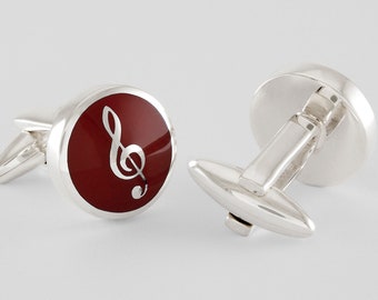 Burgundy Treble Clef Cufflinks in Sterling Silver and Enamel, Sterling Silver, personalized