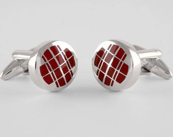 Double plaid Cufflinks, Sterling Silver & Burgundy Red Enamel, personalized
