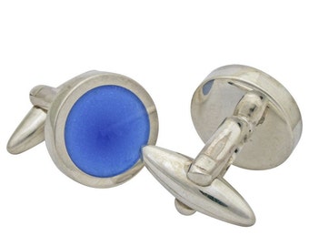 Personalized Engraved Blue Enamel Round Sterling Silver Cufflinks