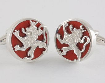 Round Lion Cufflinks in Sterling Silver and red enamel, personalized