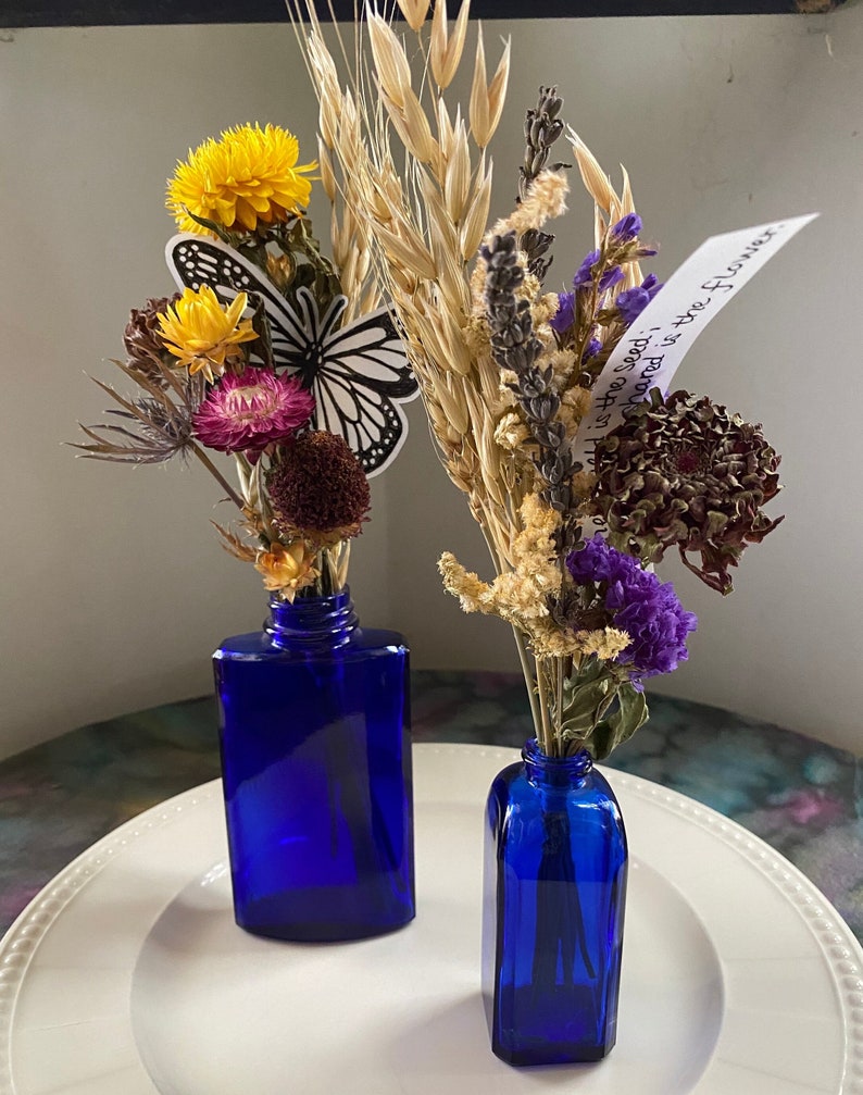 Eco-friendly Everlasting Flower Arrangement, Cobalt Blue Vintage Bottle with Dried Flowers image 5