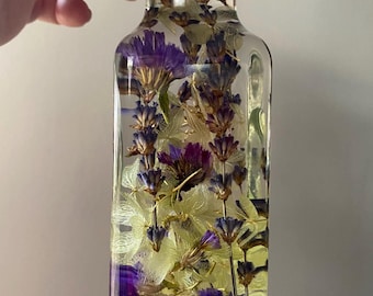 Tabletop Herbarium, Floating Flower Arrangement in Reclaimed Bottle