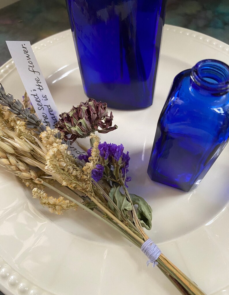 Eco-friendly Everlasting Flower Arrangement, Cobalt Blue Vintage Bottle with Dried Flowers image 3