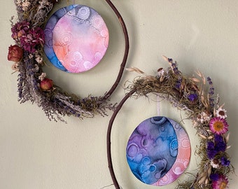 Crescent Moon Phase Wreath, Original Art and Dried Flower Decor