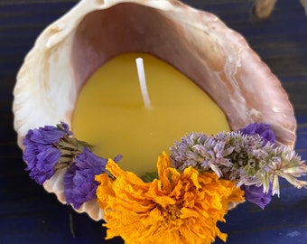 Seashell Offering Candle, One of a Kind Beeswax and Flower Shell