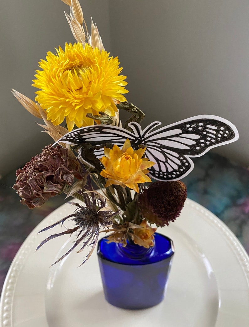 Eco-friendly Everlasting Flower Arrangement, Cobalt Blue Vintage Bottle with Dried Flowers image 9