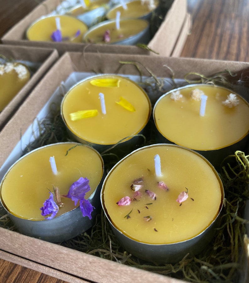 Floral Tea Lights, Set of 4 Beeswax Candles image 1