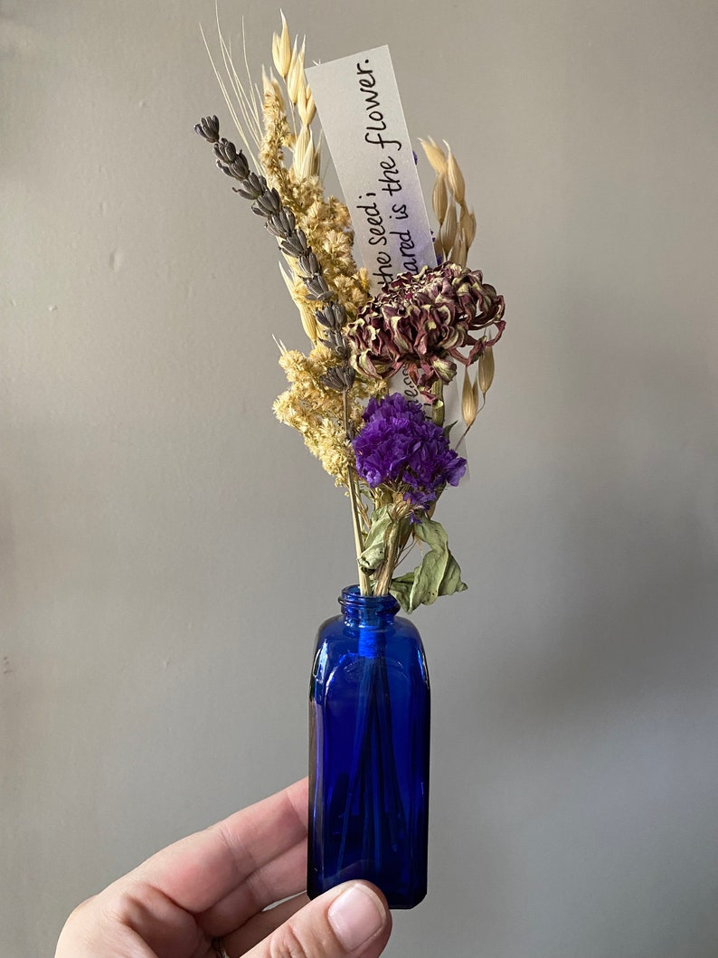Eco-friendly Everlasting Flower Arrangement, Cobalt Blue Vintage Bottle with Dried Flowers image 6