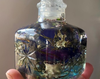 Tabletop Herbarium, Small Floating Flower Arrangement in Reclaimed Glass Bottle