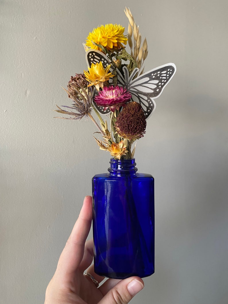 Eco-friendly Everlasting Flower Arrangement, Cobalt Blue Vintage Bottle with Dried Flowers image 8