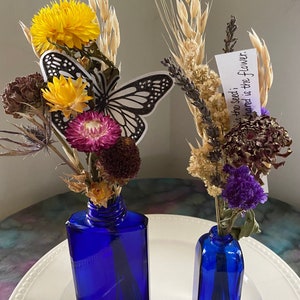 Eco-friendly Everlasting Flower Arrangement, Cobalt Blue Vintage Bottle with Dried Flowers image 1