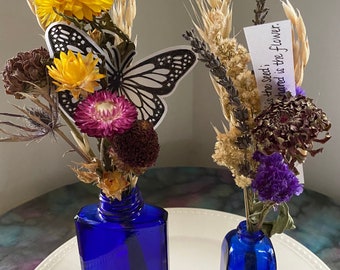 Eco-friendly Everlasting Flower Arrangement, Cobalt Blue Vintage Bottle with Dried Flowers