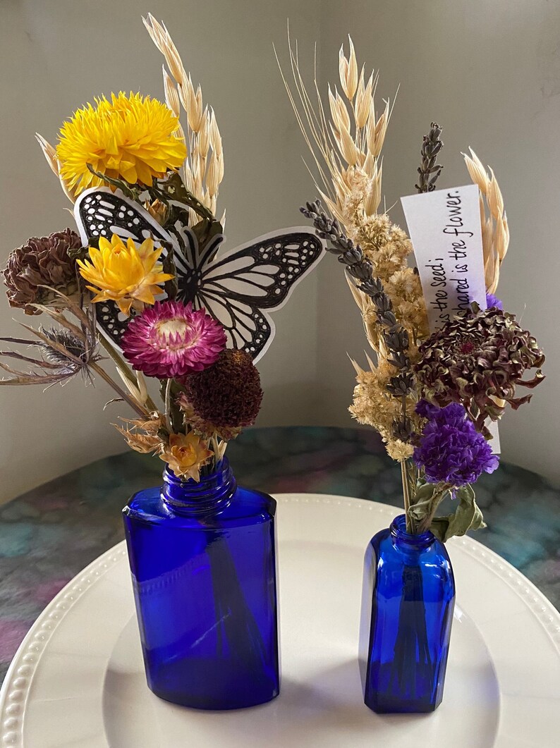 Eco-friendly Everlasting Flower Arrangement, Cobalt Blue Vintage Bottle with Dried Flowers image 1