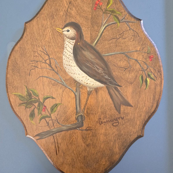 Beautiful Hand Painted Bird on Wood Plaque Vintage 1980s Artist Ceinwyn