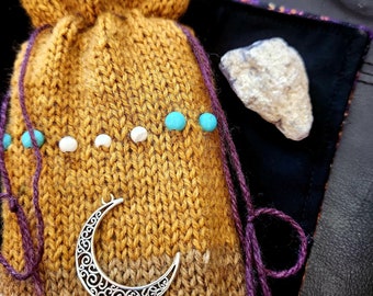 Handknit Drawstring Pouch - turquoise and howlite beads, crescent moon - perfect for beads, cards, crystals, dice, magickal treasures