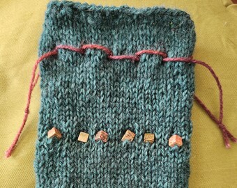 Handknit drawstring pouch with unakite cubes for your treasures: cards crystals dice jewelry magick