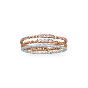 Cubic Zirconia Stacking Ring Set: Sterling Silver, Gold & Rose Gold