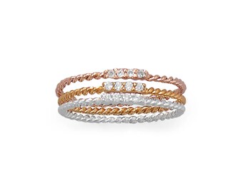 Cubic Zirconia Stacking Ring Set: Sterling Silver, Gold & Rose Gold