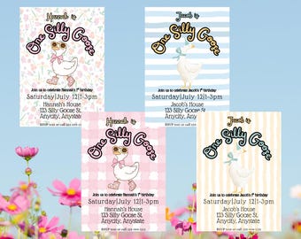 One Silly Goose 1st Birthday Invitation Template editable in Canva