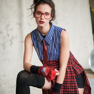 Mr. Madame Shirtdress ONE-SIZE handmade, dress shirt, pinstripe, plaid, red, upcycled, OOAK, oversized shirt, fall fashion, rework