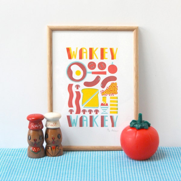 Wakey Wakey A4 3 colour Screen Print - by Peski Studio