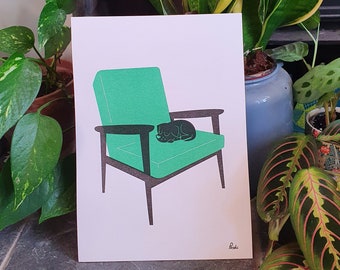 Puppy Nap armchair - A4 Green RISO print - by Peski Studio