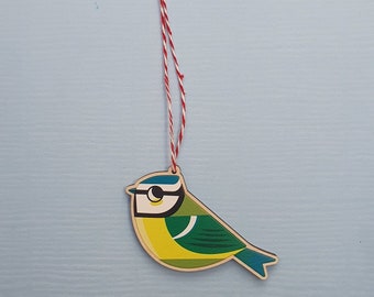Bluetit bird decoration - printed wood