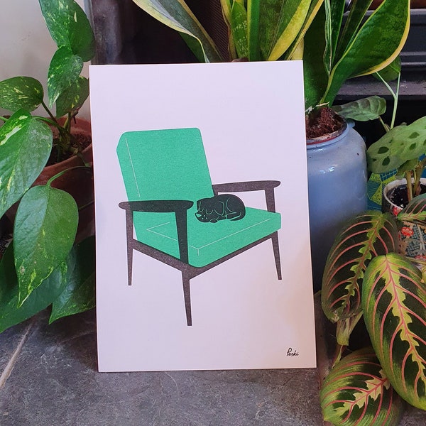 Puppy Nap armchair - A4 Green RISO print - by Peski Studio